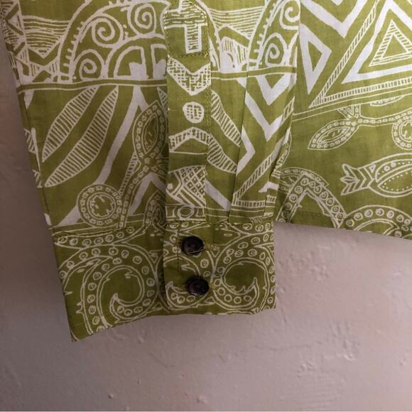 Chicos Cotton Green Aztec Tribal Tropical Long Sleeve Button Up Shirt Blouse Top - Picture 8 of 9